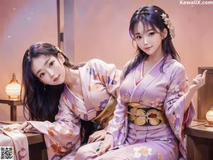 A couple of women in kimonos sitting next to each other.